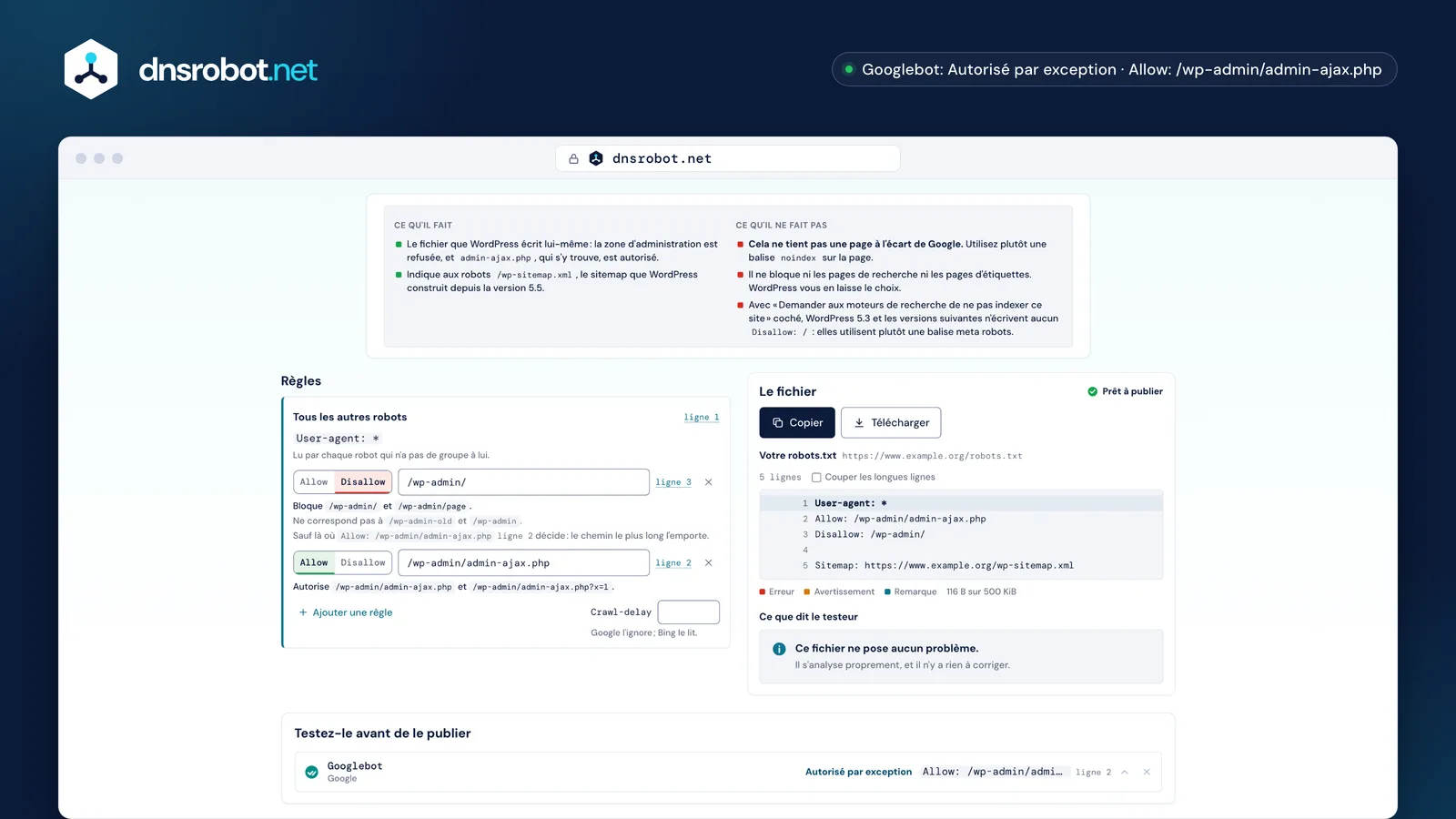 Générateur robots.txt : le préréglage WordPress, chaque règle expliquée, le fichier numéroté ligne à ligne et les constats
