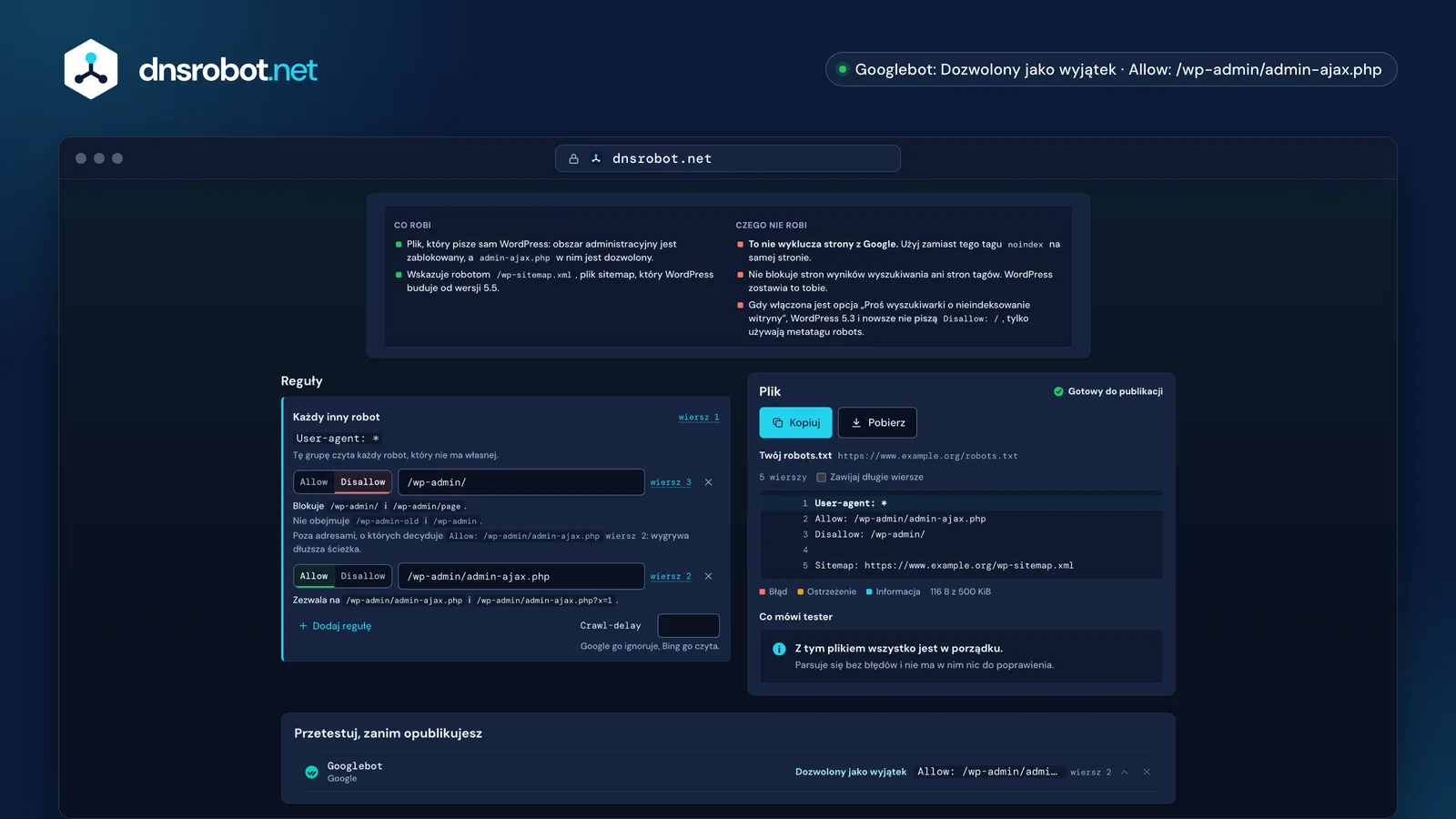 Generator robots.txt: szablon WordPress, wyjaśnienie każdej reguły, plik z numerami wierszy i uwagi testera