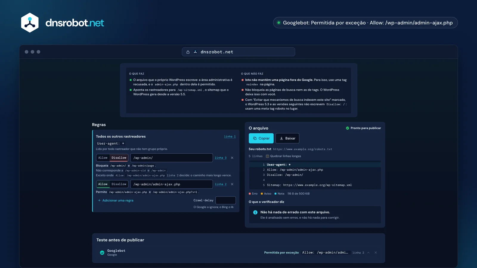 Gerador de robots.txt: a predefinição WordPress, cada regra explicada, o arquivo com números de linha e os problemas