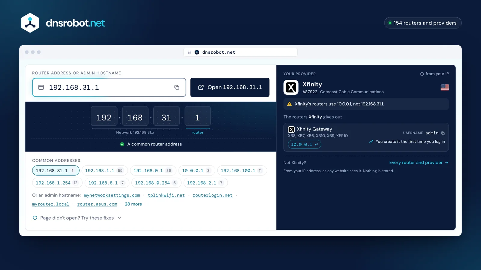 192.168.31.1 login helper with an Open 192.168.31.1 button and the Xiaomi routers and mesh systems that use it