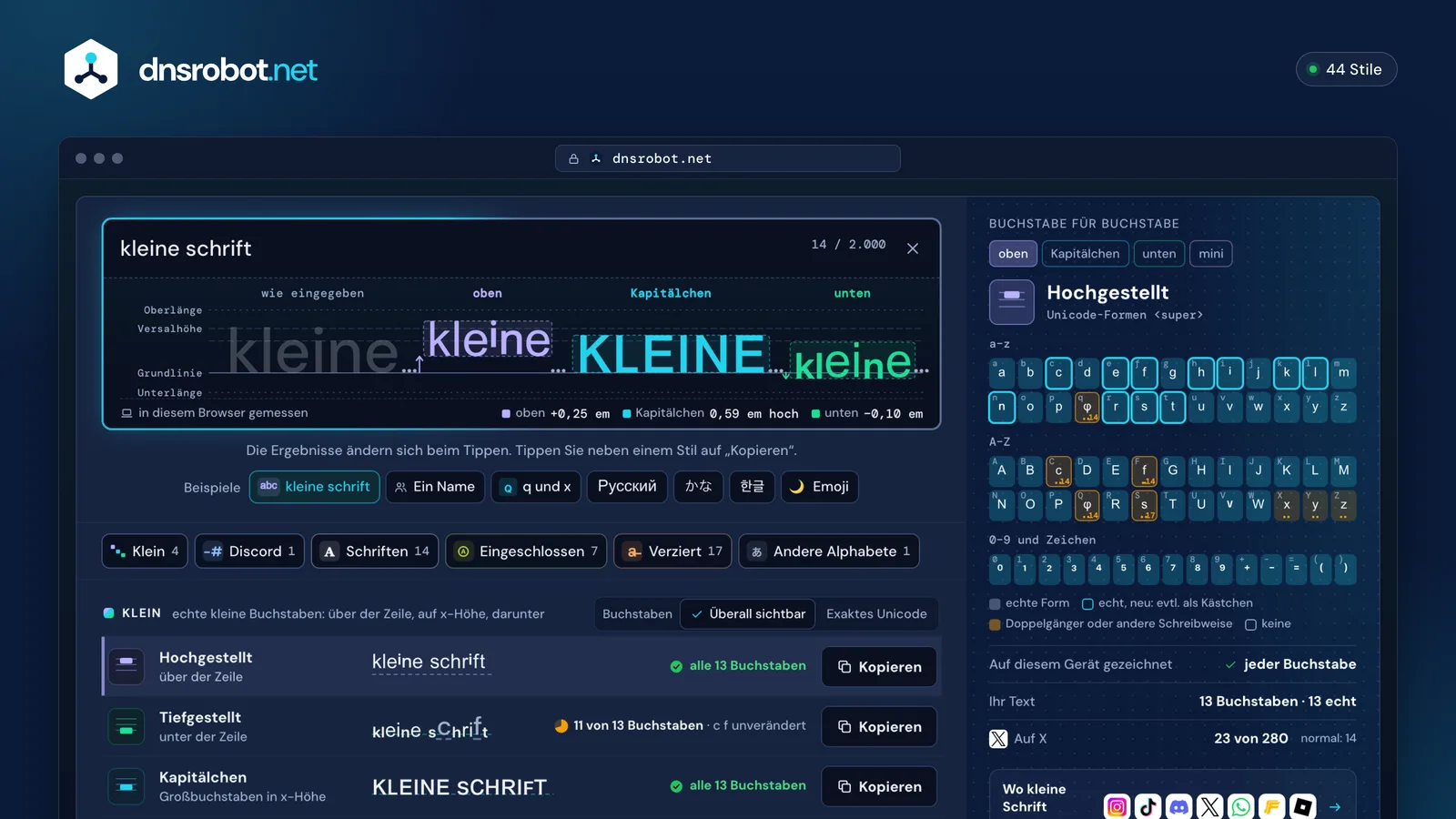 Kleine Schrift Generator: kleine Buchstaben hoch- und tiefgestellt auf den Linien der Schrift, mit Kopierknöpfen und Tabelle