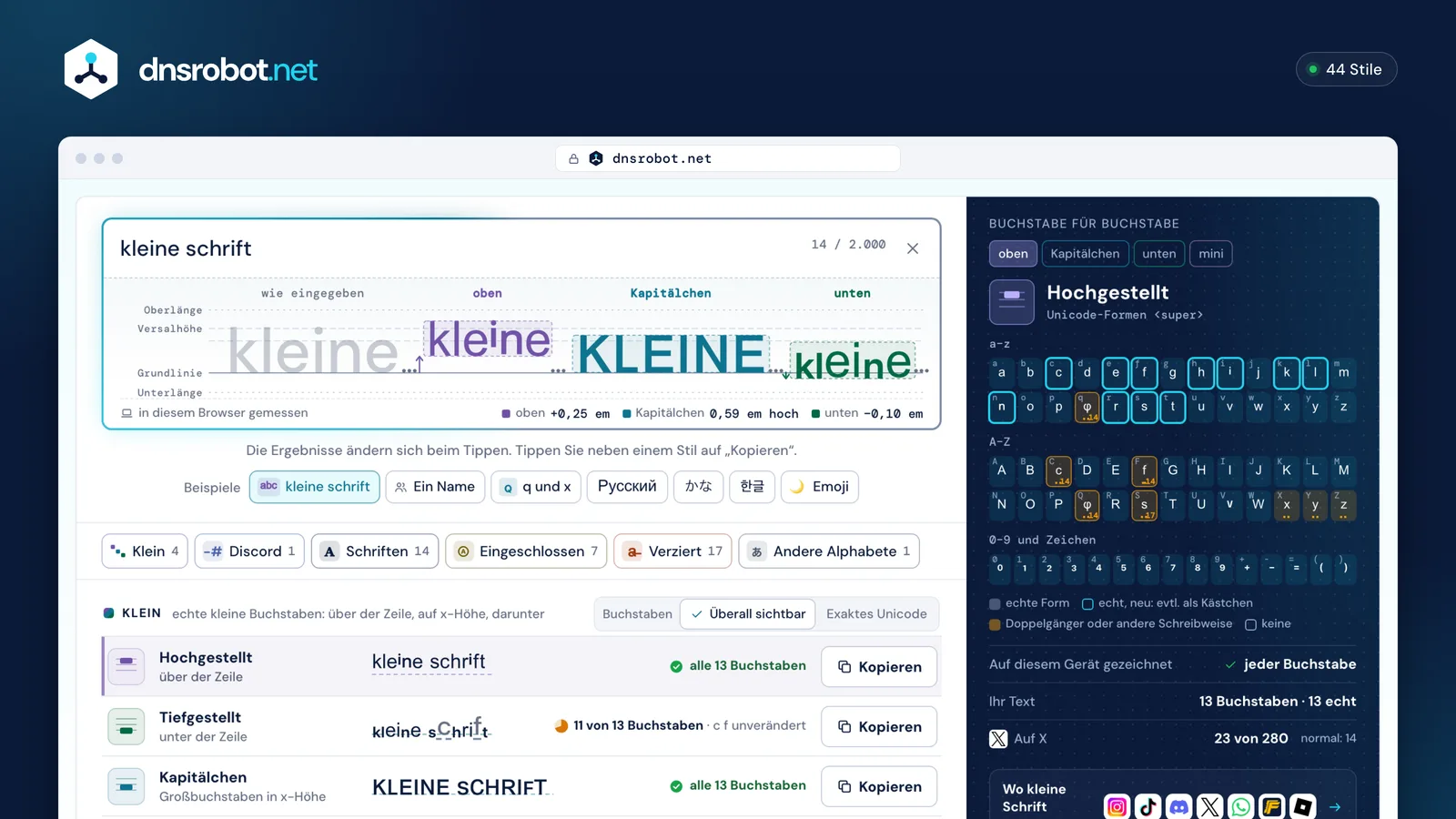Kleine Schrift Generator: kleine Buchstaben hoch- und tiefgestellt auf den Linien der Schrift, mit Kopierknöpfen und Tabelle