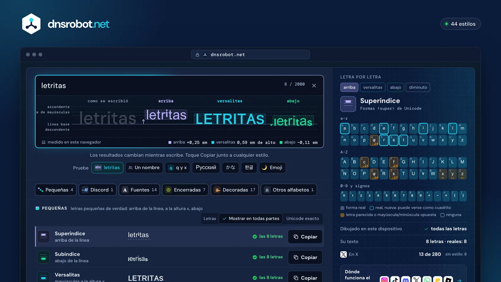 Generador de texto pequeño: letras pequeñas arriba y abajo de la línea de la fuente, botones de copiar y tabla de letras