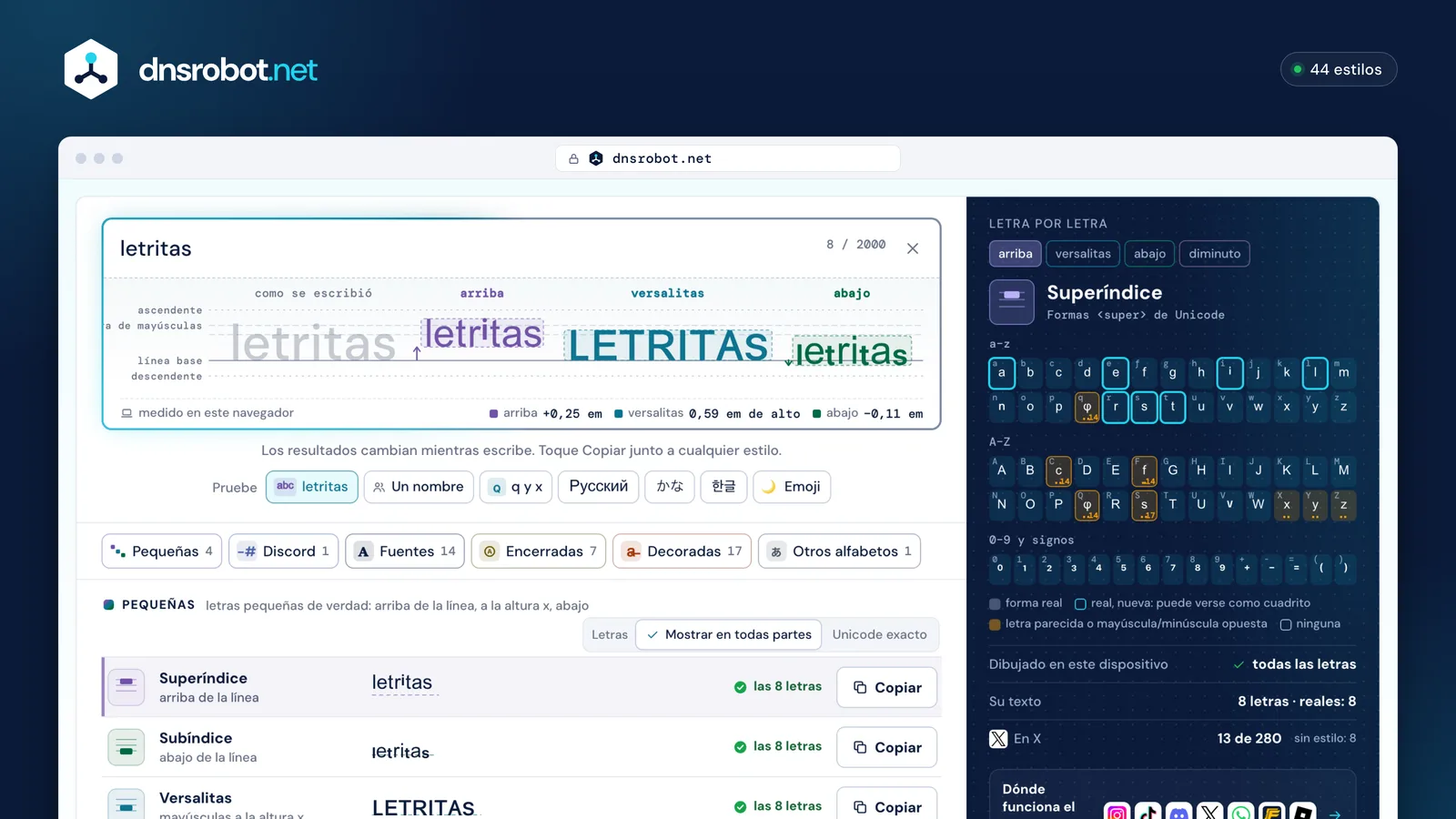 Generador de texto pequeño: letras pequeñas arriba y abajo de la línea de la fuente, botones de copiar y tabla de letras