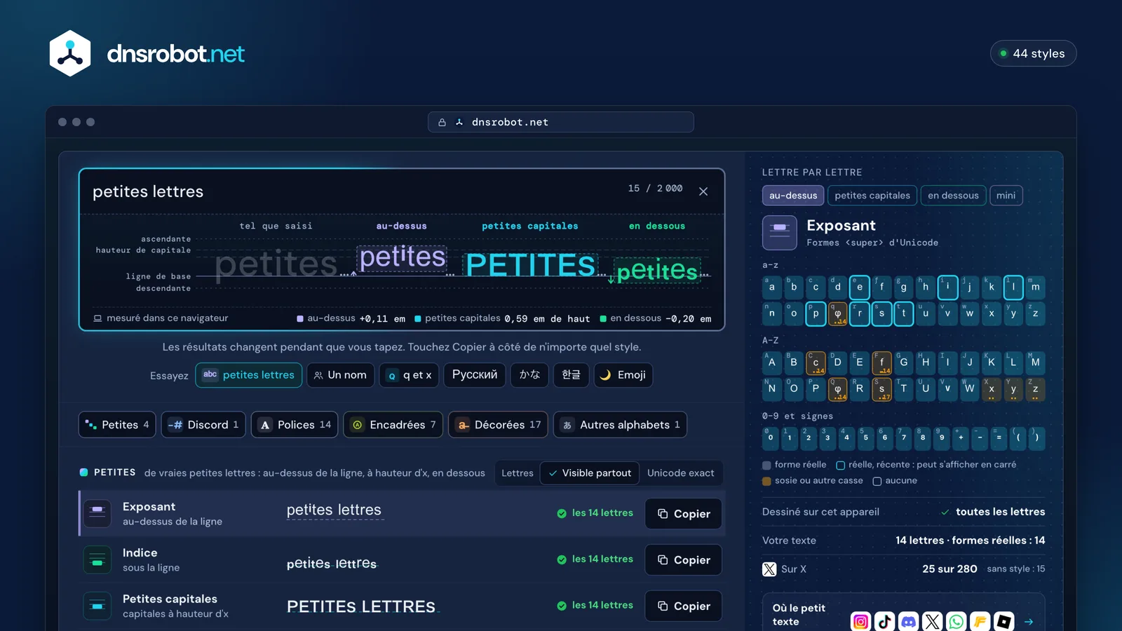 Générateur de petit texte : texte en exposant et en indice sur les lignes de la police, boutons Copier et tableau des lettres