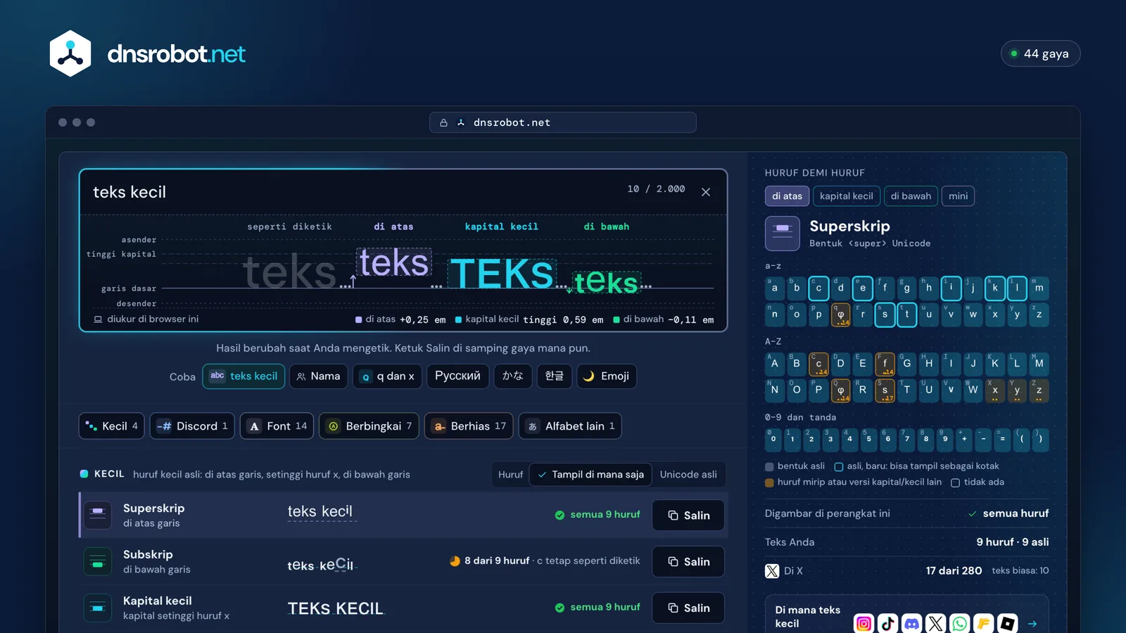 Generator font kecil: huruf kecil di atas dan di bawah garis font, dengan tombol salin dan tabel huruf