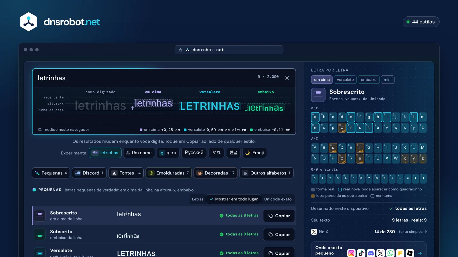 Gerador de texto pequeno: letras pequenas em cima e embaixo da linha da fonte, com botões de copiar e tabela de letras