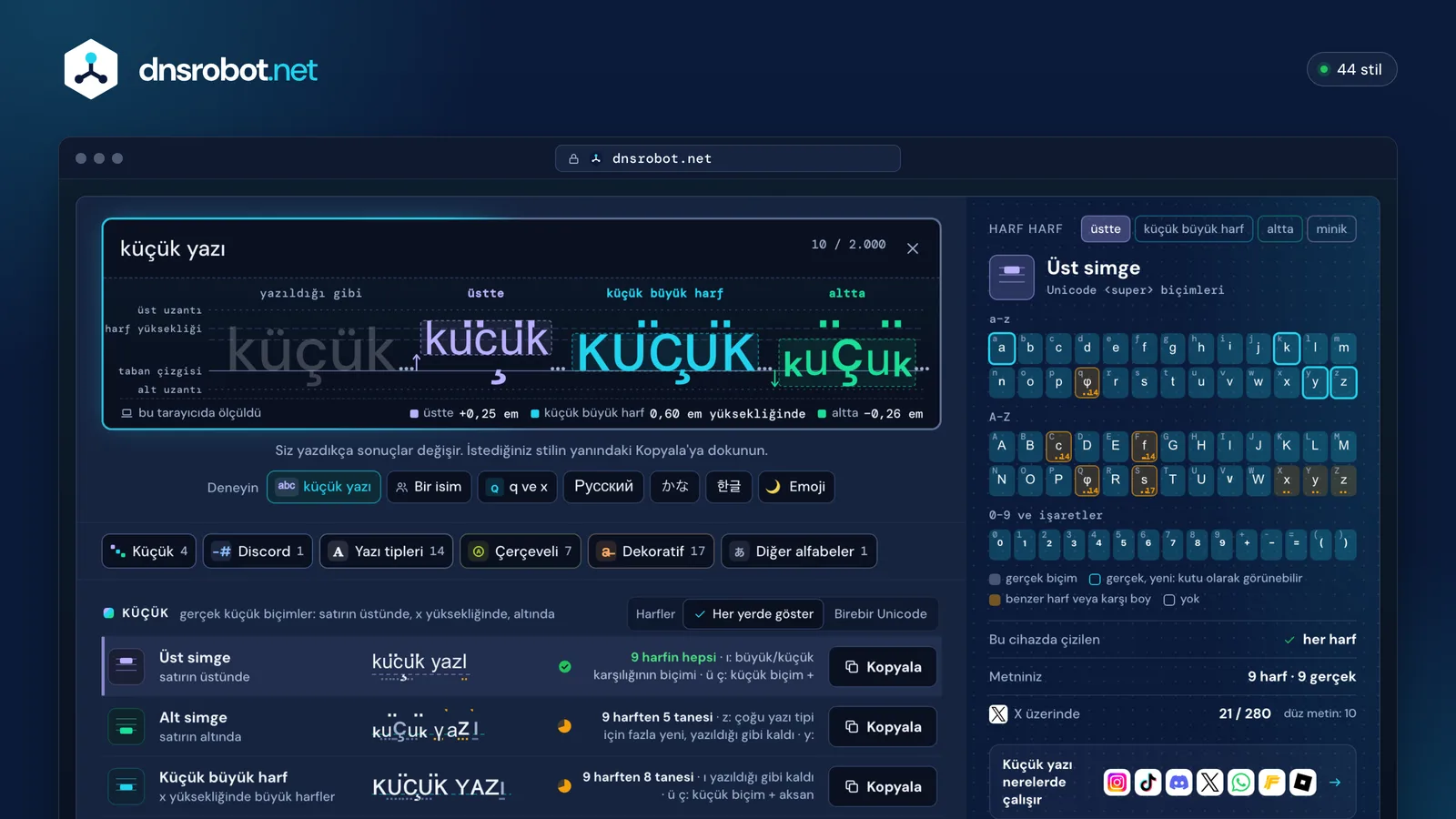 Küçük yazı oluşturucu: satırın üstünde ve altında küçük yazı, yazı tipinin çizgileri, kopyala düğmeleri ve harf tablosu