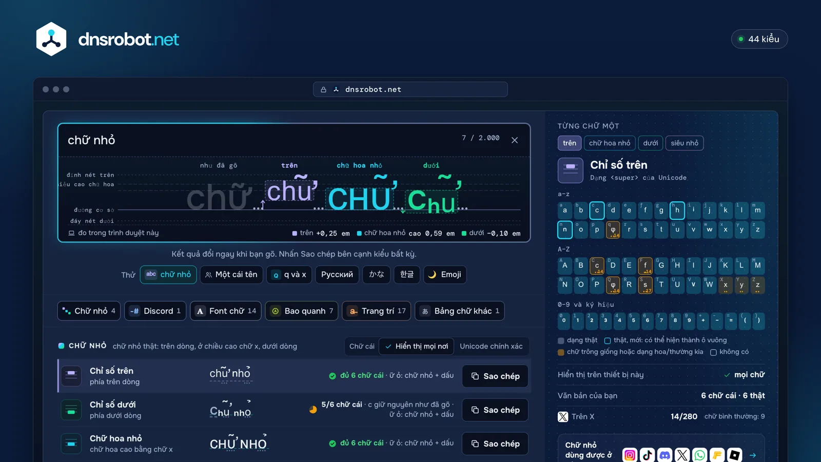 Tạo chữ nhỏ: chữ nhỏ ở trên và dưới dòng vẽ trên các đường của font, kèm nút sao chép và bảng từng chữ