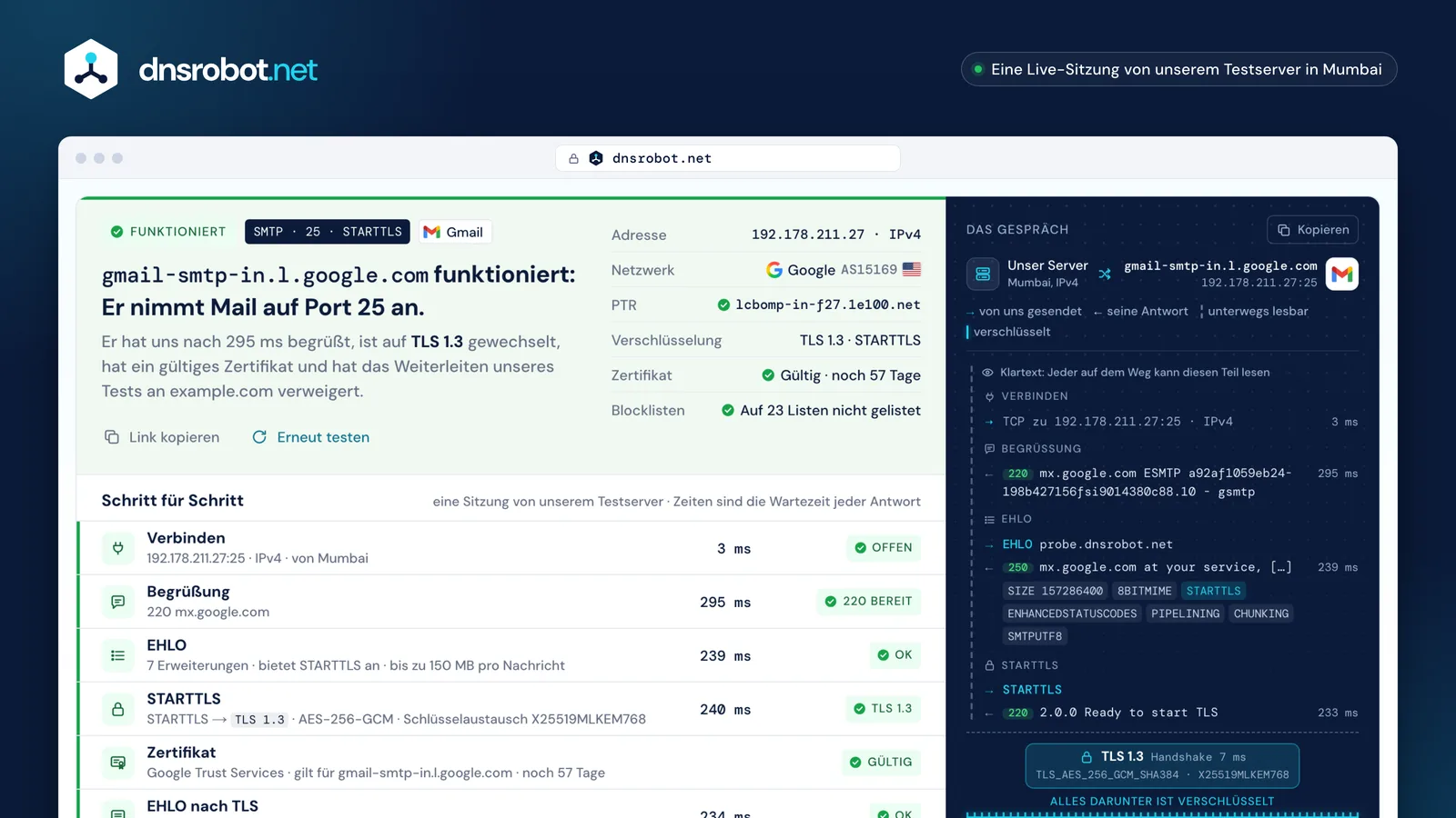 SMTP-Test von gmail-smtp-in.l.google.com auf Port 25: das Ergebnis, jeder Schritt und das SMTP-Gespräch mit STARTTLS