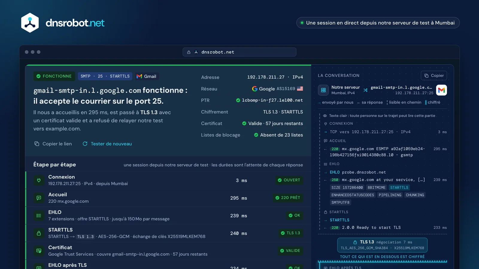 Test SMTP de gmail-smtp-in.l.google.com sur le port 25 : le verdict, chaque étape et la conversation SMTP avec STARTTLS
