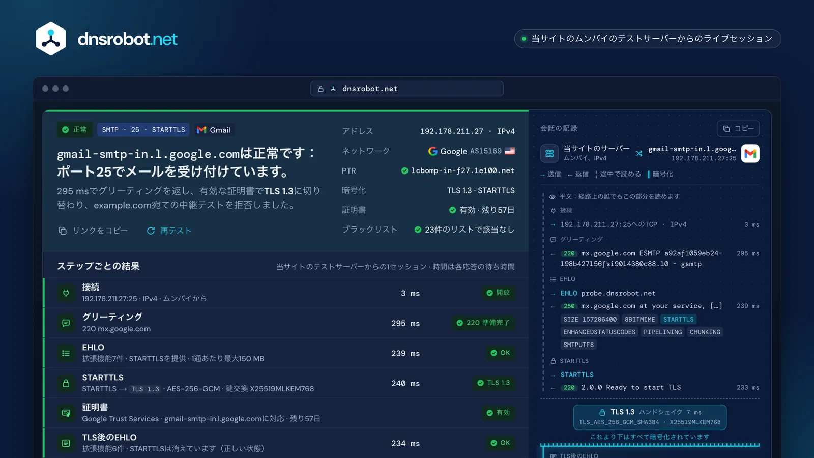 gmail-smtp-in.l.google.comのポート25のSMTPテスト：判定、各ステップ、STARTTLSを含むSMTPの会話