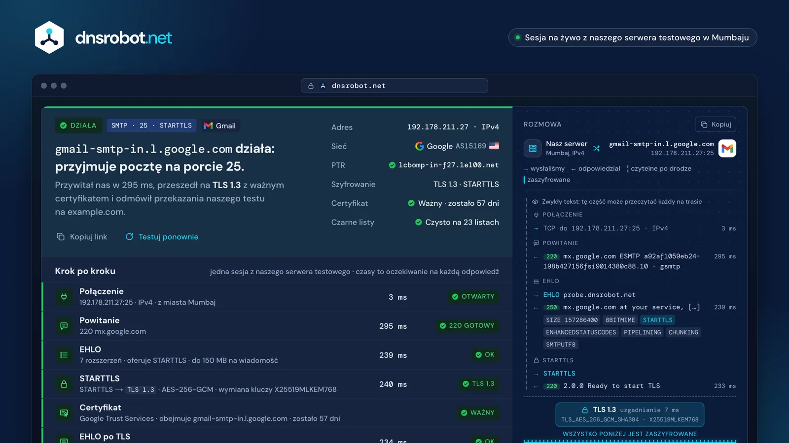 Test SMTP serwera gmail-smtp-in.l.google.com na porcie 25: werdykt, każdy krok i rozmowa SMTP ze STARTTLS