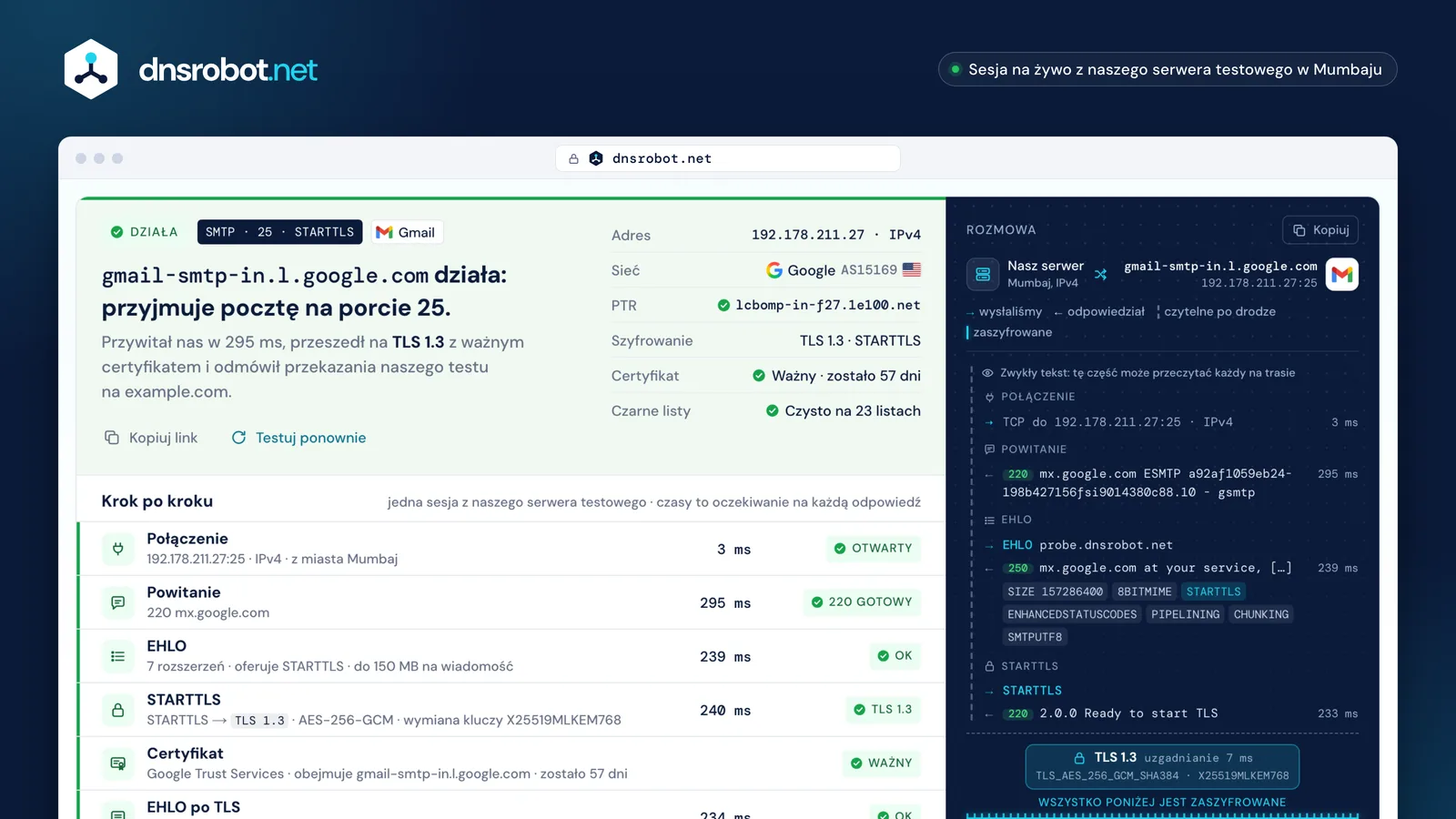 Test SMTP serwera gmail-smtp-in.l.google.com na porcie 25: werdykt, każdy krok i rozmowa SMTP ze STARTTLS