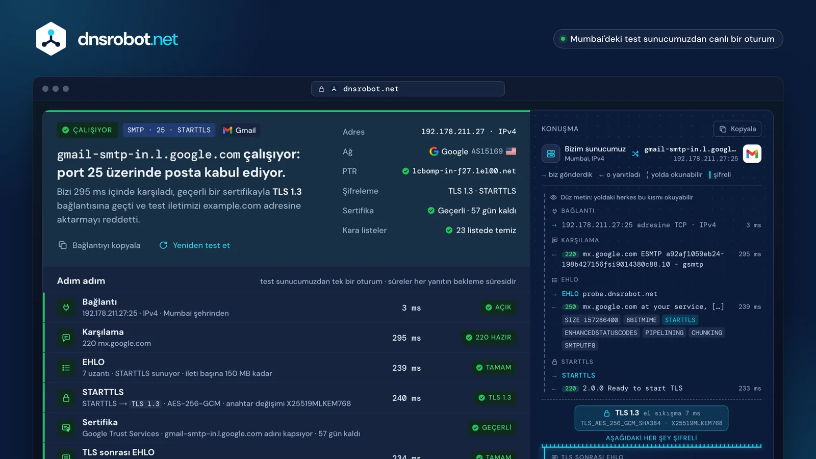 gmail-smtp-in.l.google.com sunucusunun port 25 üzerinde SMTP testi: karar, her adım ve STARTTLS ile SMTP konuşması