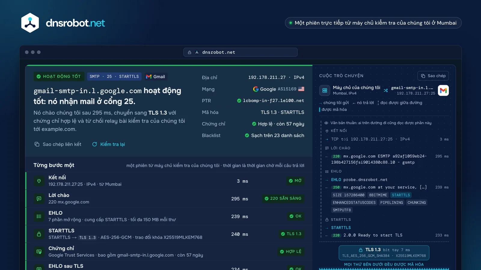 Kiểm tra SMTP gmail-smtp-in.l.google.com ở cổng 25: kết luận, từng bước và cuộc trò chuyện SMTP với STARTTLS