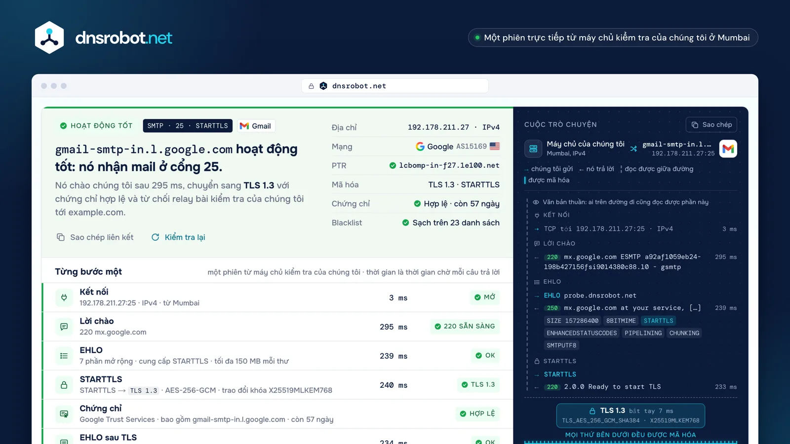Kiểm tra SMTP gmail-smtp-in.l.google.com ở cổng 25: kết luận, từng bước và cuộc trò chuyện SMTP với STARTTLS