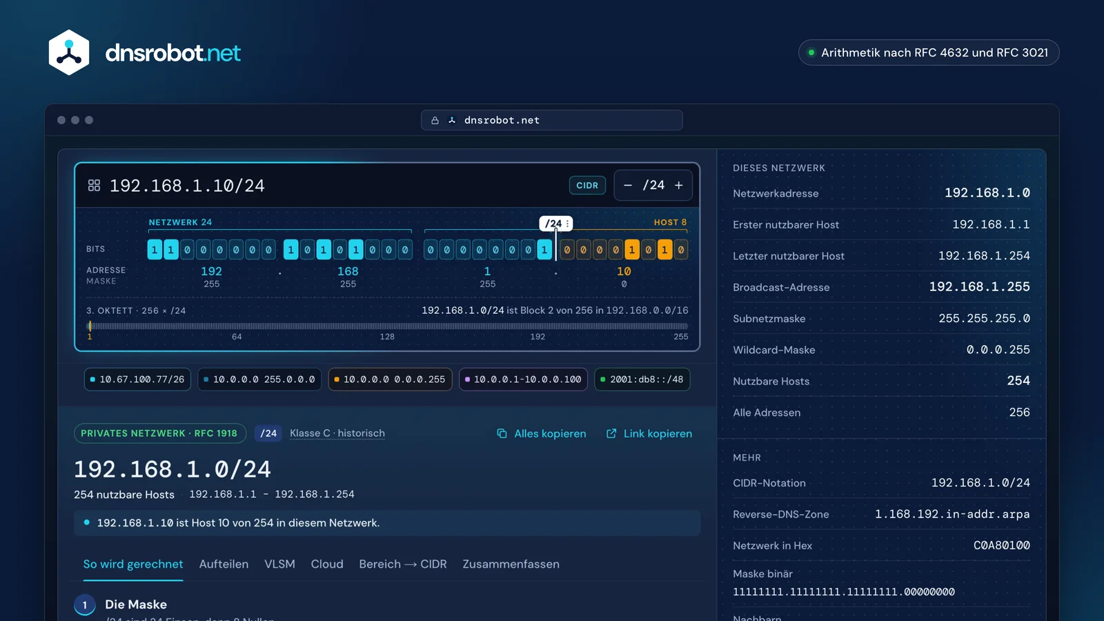 Subnetzrechner: 192.168.1.10/24 mit Netzwerkadresse, Broadcast, nutzbarem Hostbereich und Maske, dazu die Adresse binär