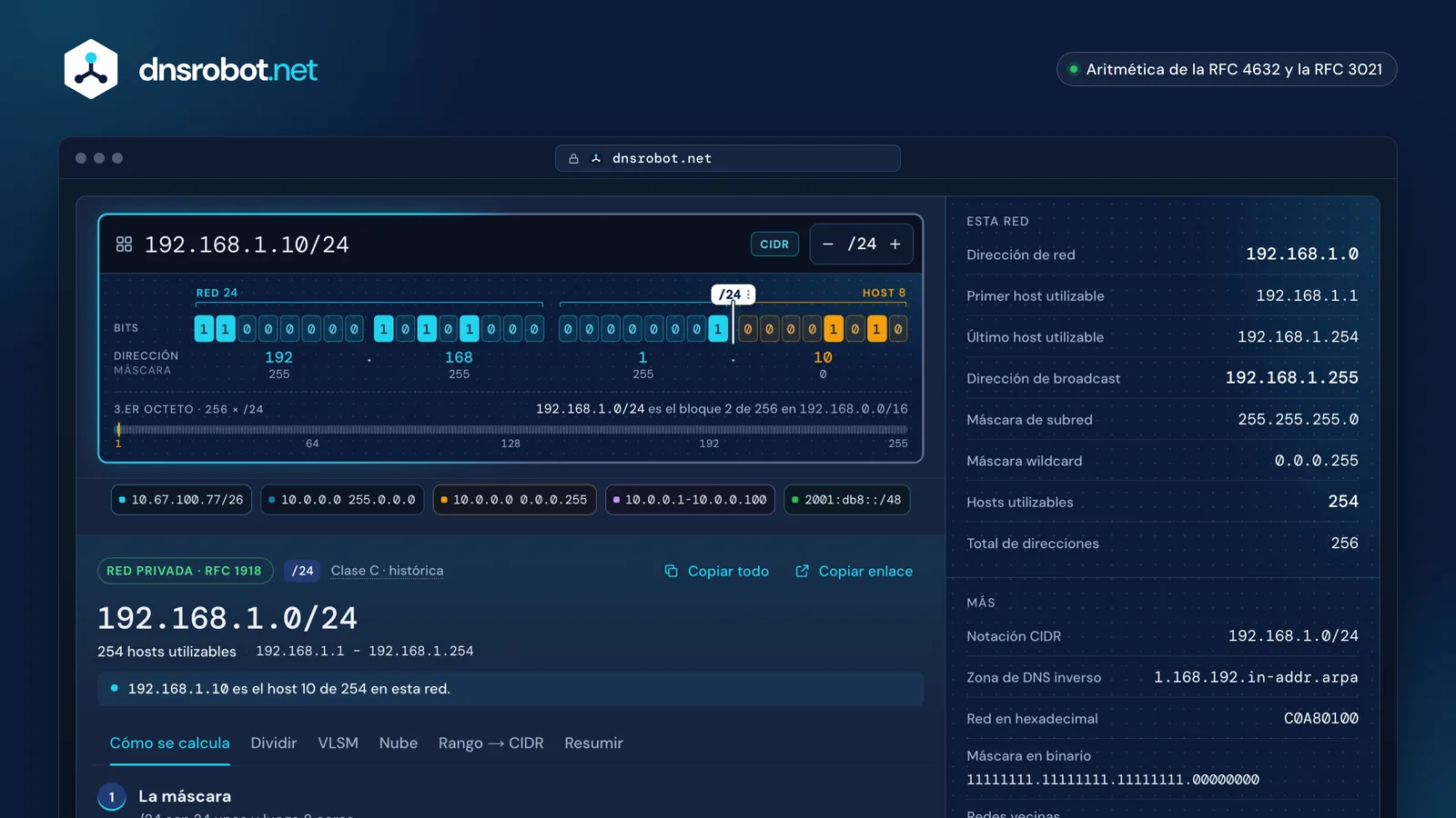 Calculadora de subredes: 192.168.1.10/24 con su red, broadcast, rango de hosts utilizables, máscara y la dirección en binario