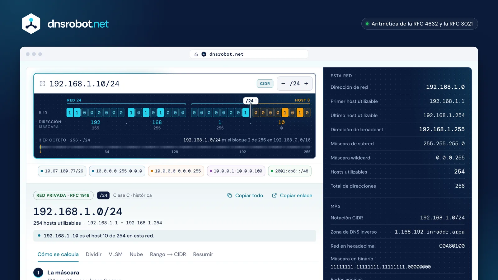 Calculadora de subredes: 192.168.1.10/24 con su red, broadcast, rango de hosts utilizables, máscara y la dirección en binario