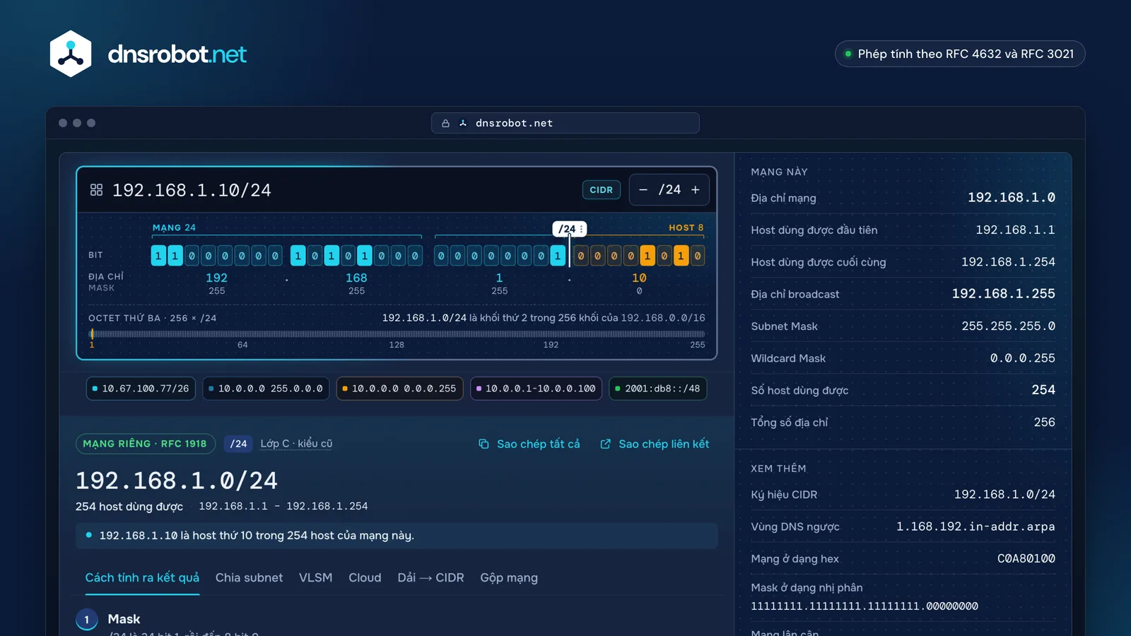 Máy tính subnet: 192.168.1.10/24 với địa chỉ mạng, broadcast, dải host dùng được, subnet mask và địa chỉ dạng nhị phân