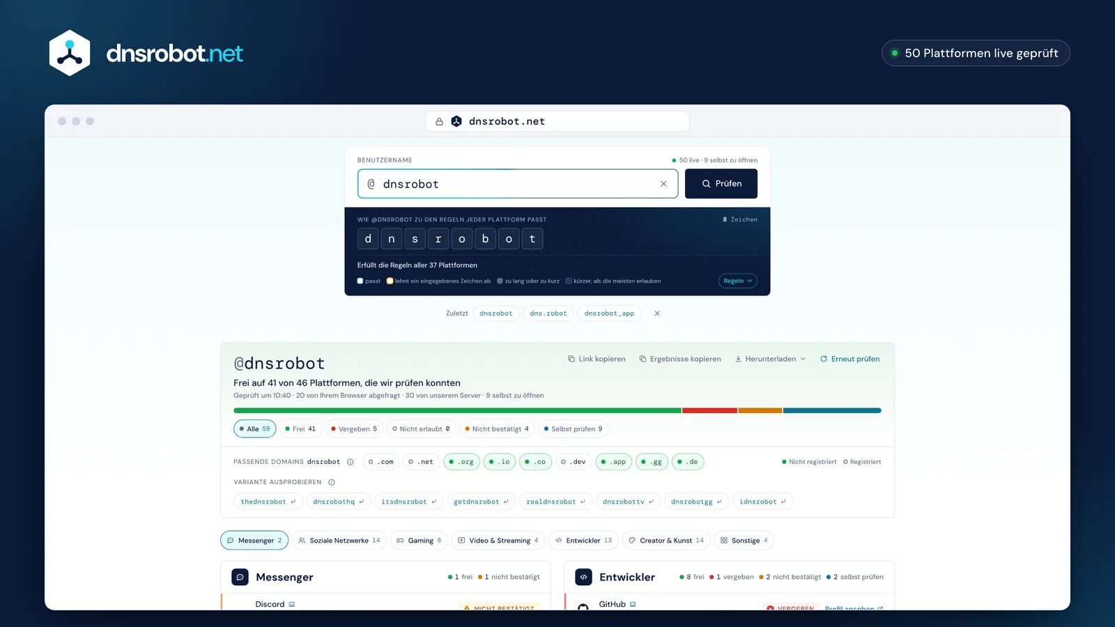 Username-Checker: Ergebnisse für einen Namen, frei oder vergeben auf jeder Plattform, mit dem Grund für jede Antwort