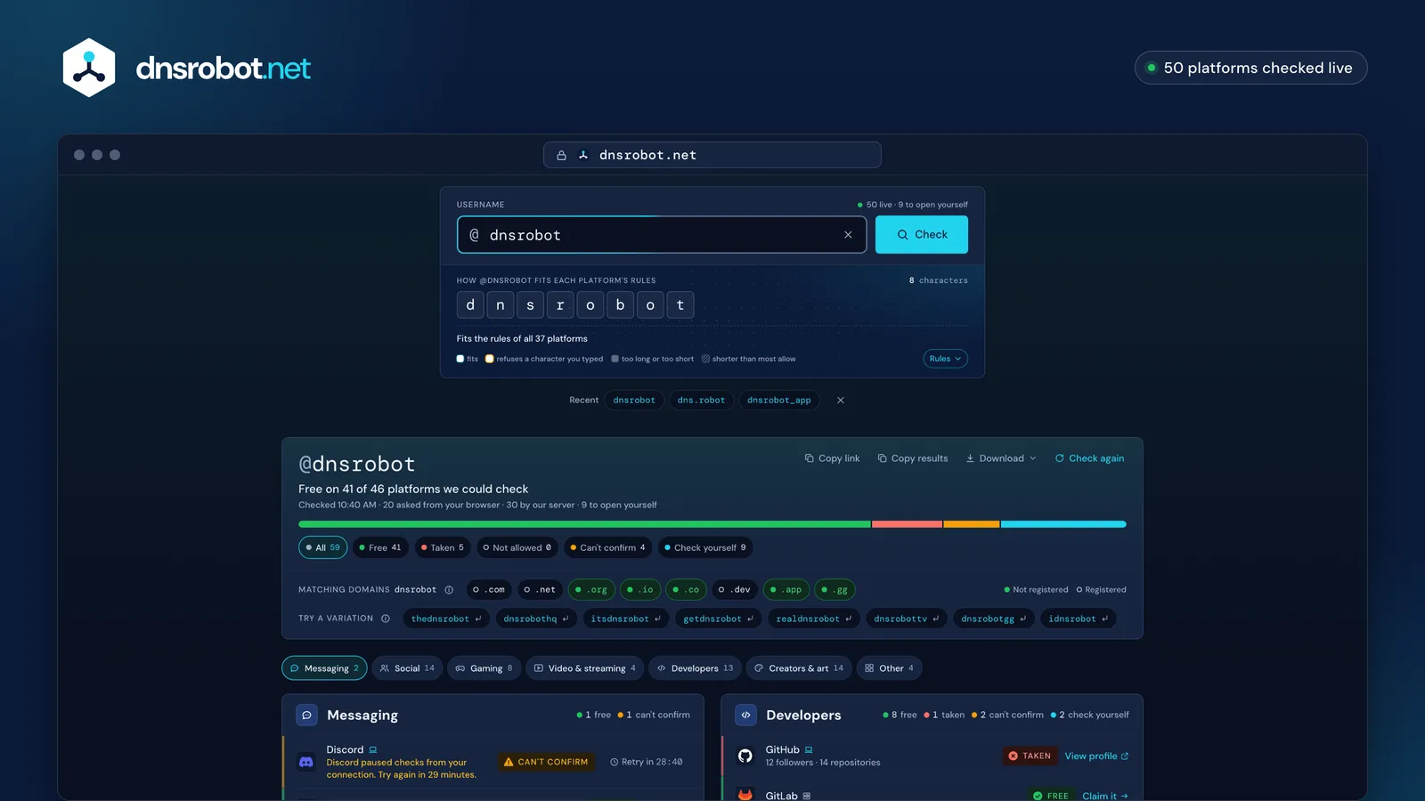 Username checker results for one name: free and taken on each platform, with the reason for every answer