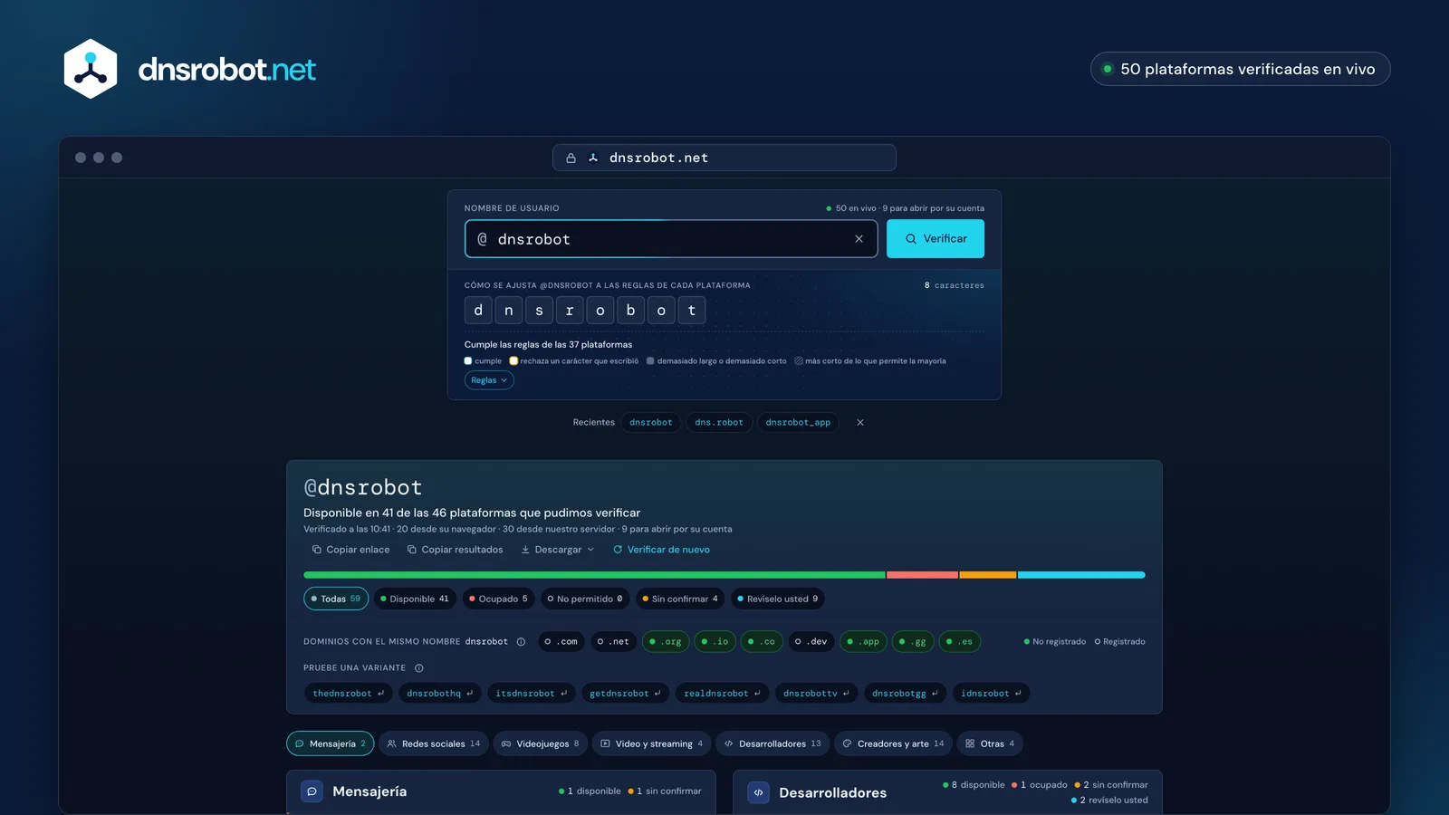 Verificador de nombres de usuario: un nombre disponible u ocupado en cada plataforma, con el motivo de cada respuesta