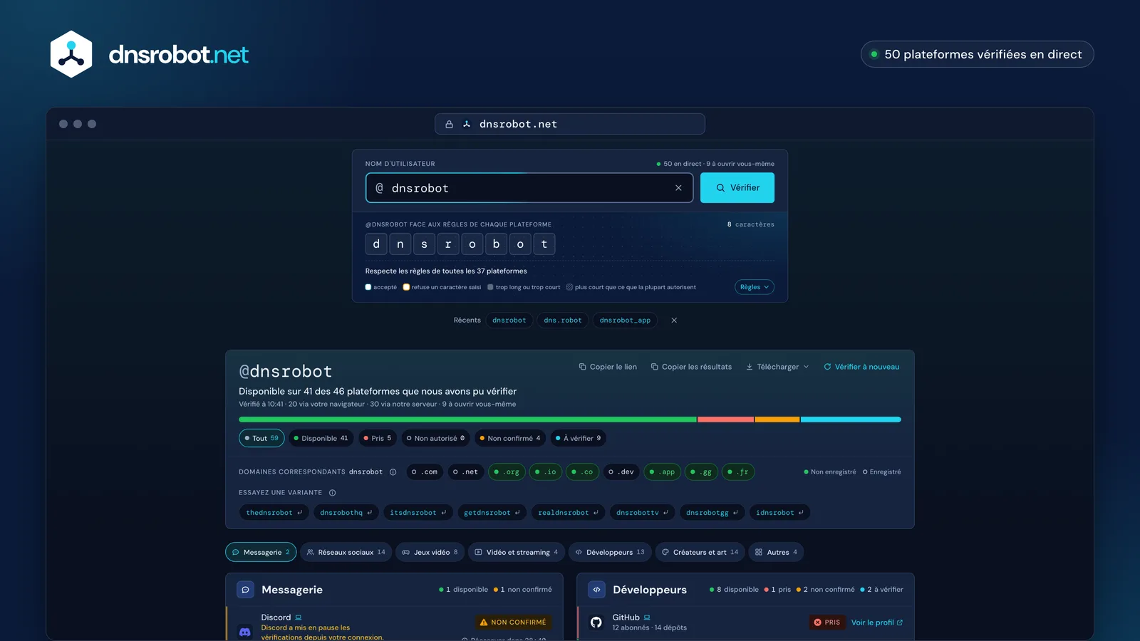 Vérificateur de nom d'utilisateur : un pseudo disponible ou pris sur chaque plateforme, avec la raison de chaque réponse