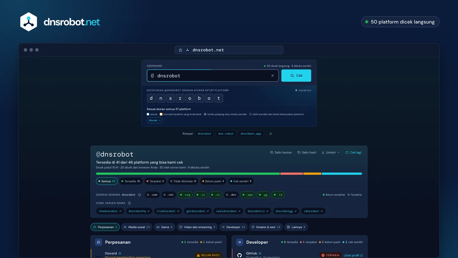 Hasil cek username untuk satu nama: tersedia atau sudah dipakai di setiap platform, beserta alasan setiap jawaban
