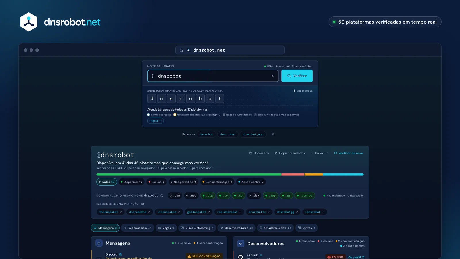 Verificador de username: um nome disponível ou em uso em cada plataforma, com o motivo de cada resposta