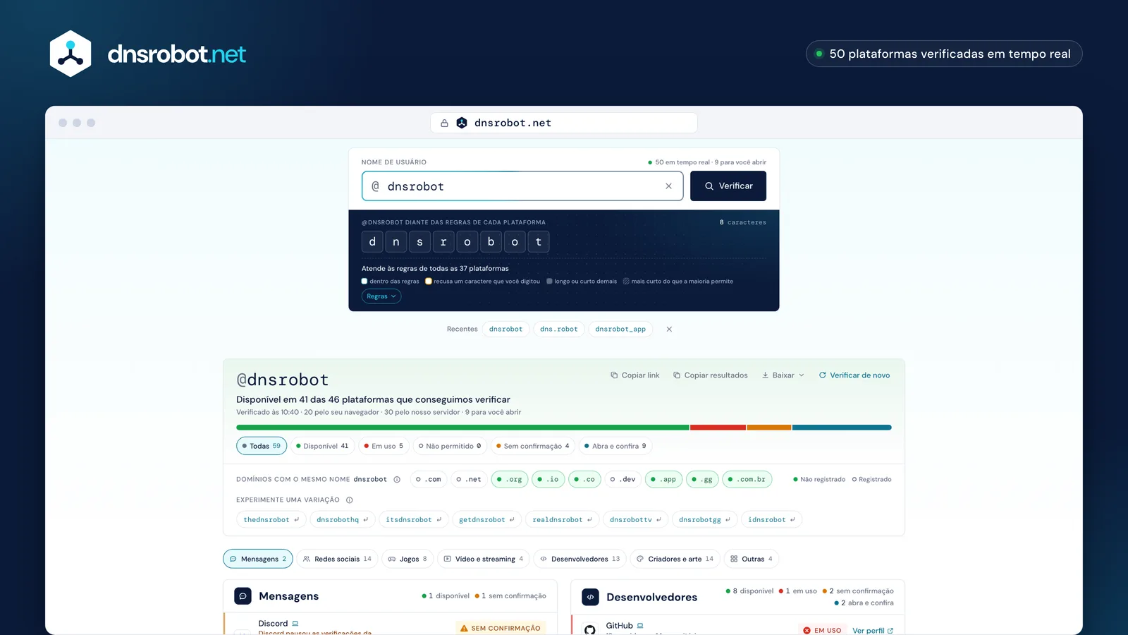 Verificador de username: um nome disponível ou em uso em cada plataforma, com o motivo de cada resposta