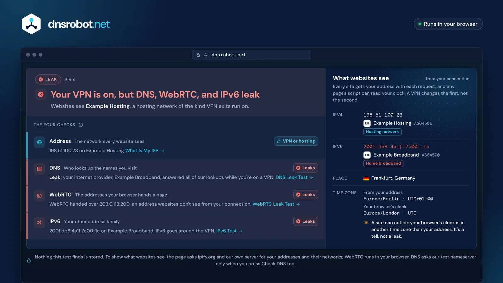 VPN test result: the verdict, the four checks with their states, and what websites see from the connection