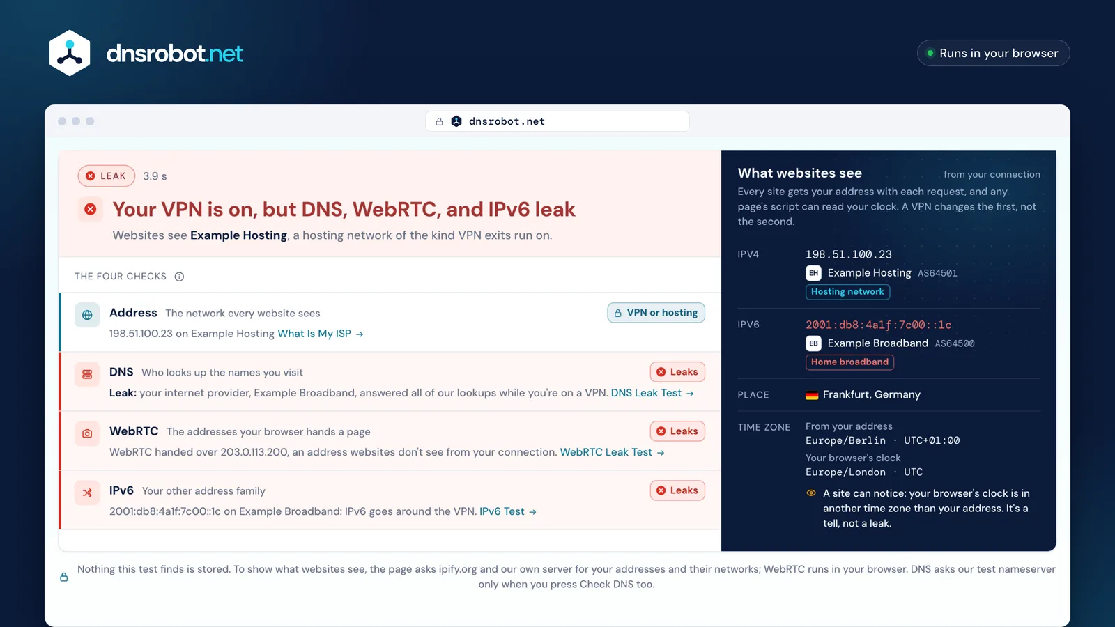 VPN test result: the verdict, the four checks with their states, and what websites see from the connection