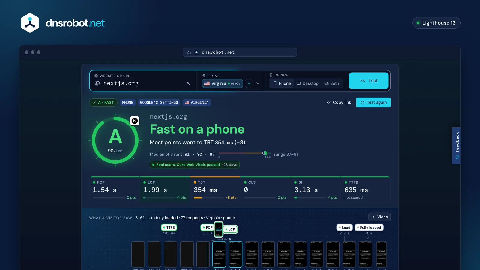 Website speed test result: the grade, the six metrics and the strip of what a visitor saw while the page loaded