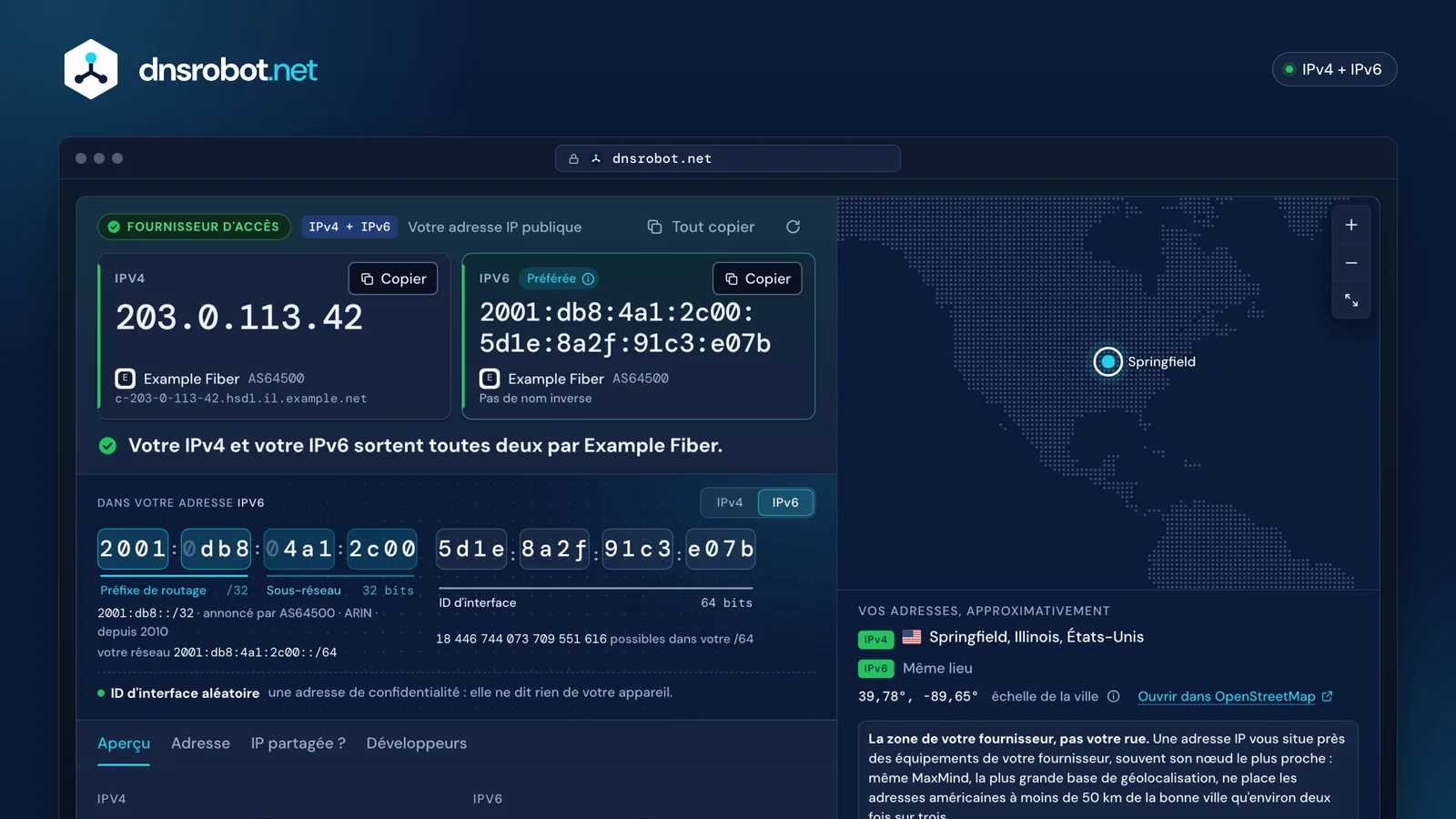 Quelle est mon adresse IP : IPv4 et IPv6 publiques côte à côte, le réseau, l'anatomie de l'adresse et une carte
