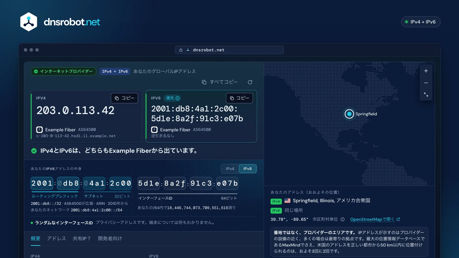 自分のIPアドレス確認の結果画面：IPv4とIPv6のグローバルIPアドレスを並べて表示し、背後のネットワーク、アドレスの構造、位置を示す地図