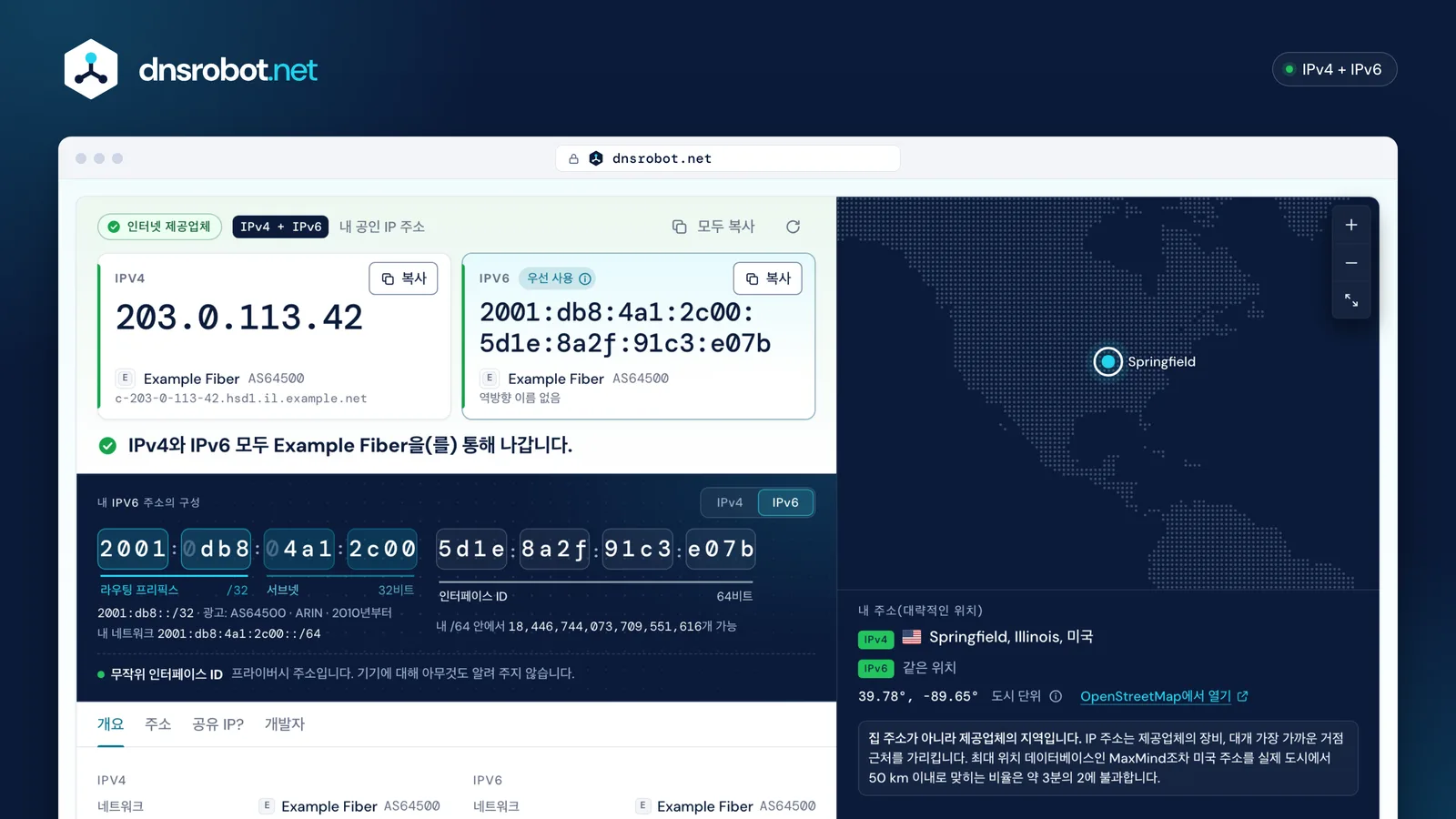 내 아이피 주소 확인 결과: 나란히 표시된 공인 IPv4와 IPv6 주소, 그 뒤의 네트워크, 주소 구조, 위치 지도
