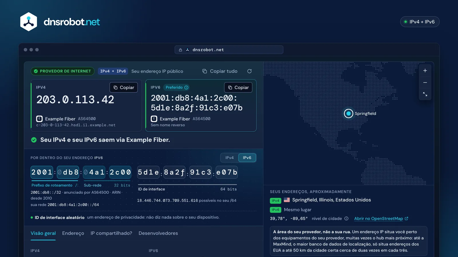 Qual é meu IP: endereços IPv4 e IPv6 públicos lado a lado, a rede por trás deles, a anatomia do endereço e um mapa