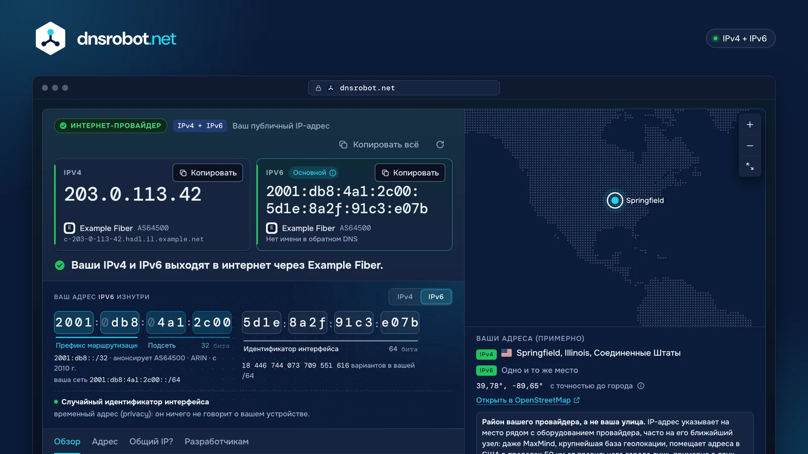 Мой IP-адрес: публичные IPv4 и IPv6 рядом, сеть за ними, адрес по частям и карта местоположения