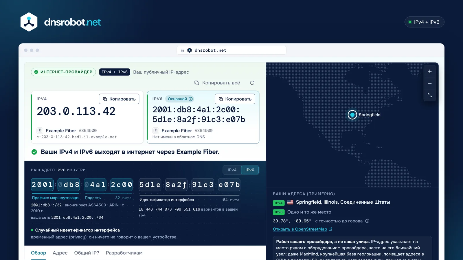 Мой IP-адрес: публичные IPv4 и IPv6 рядом, сеть за ними, адрес по частям и карта местоположения