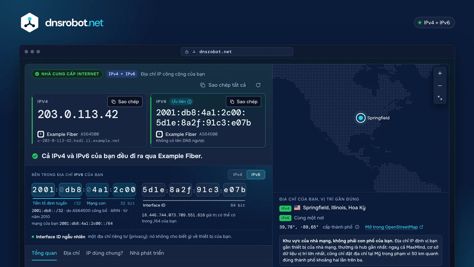 Kết quả IP của tôi là gì: IPv4 và IPv6 công cộng đặt cạnh nhau, mạng đứng sau, cấu trúc địa chỉ và bản đồ vị trí