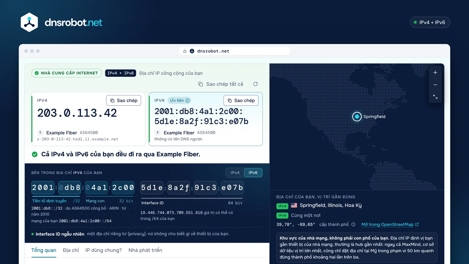 Kết quả IP của tôi là gì: IPv4 và IPv6 công cộng đặt cạnh nhau, mạng đứng sau, cấu trúc địa chỉ và bản đồ vị trí