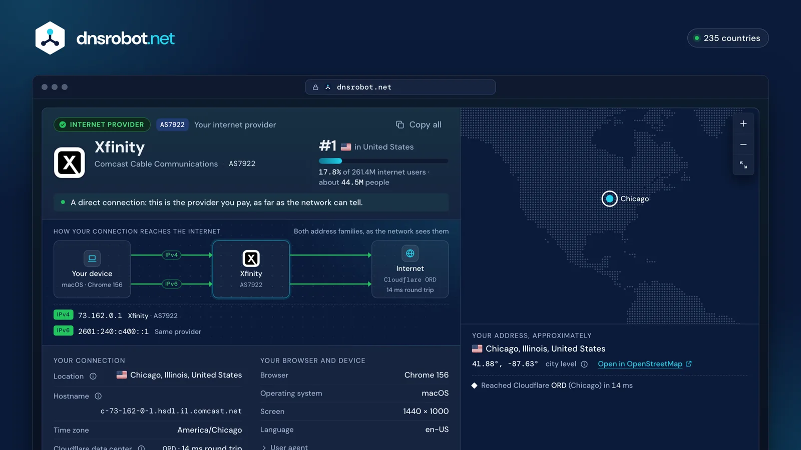 What Is My ISP result: the internet provider's name and logo, its rank in the country, IPv4 and IPv6 and a location map
