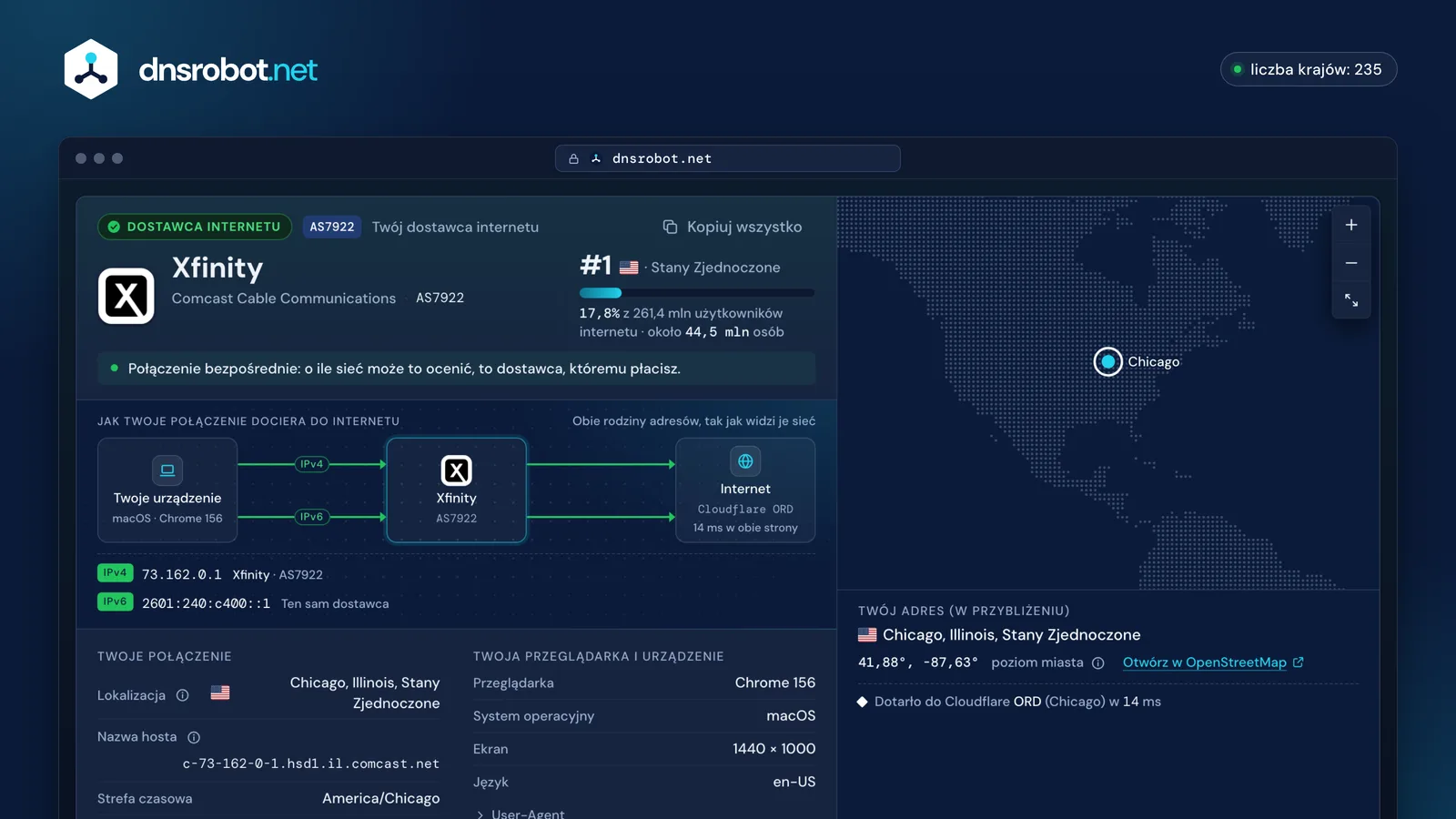 Sprawdzanie dostawcy internetu: nazwa i logo ISP, jego miejsce w kraju, IPv4, IPv6 i mapa lokalizacji