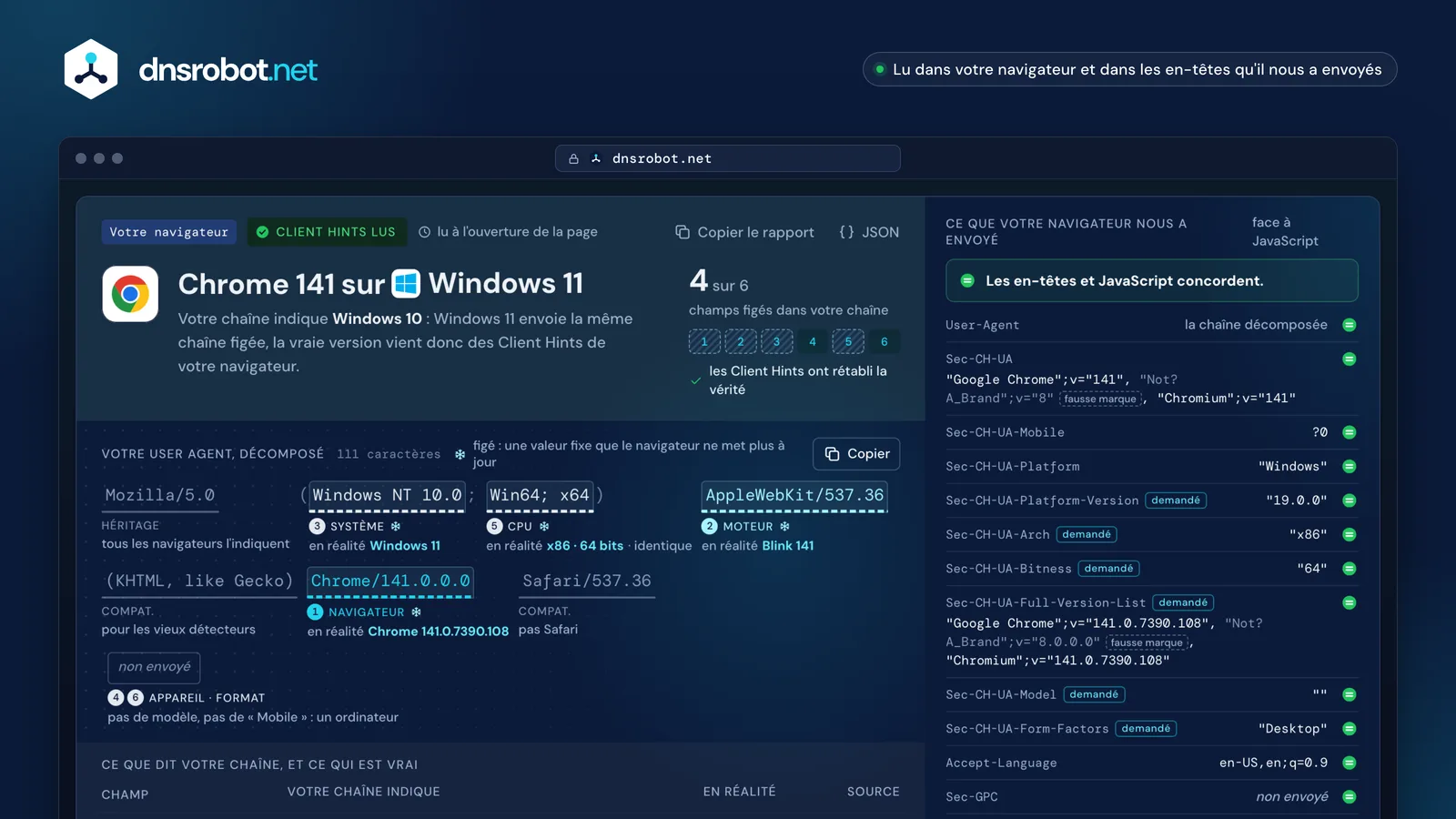 Quel est mon user agent : une chaîne user agent Chrome décomposée, jetons figés signalés, avec la vraie version de Windows 11