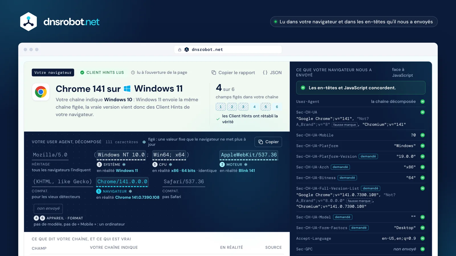 Quel est mon user agent : une chaîne user agent Chrome décomposée, jetons figés signalés, avec la vraie version de Windows 11