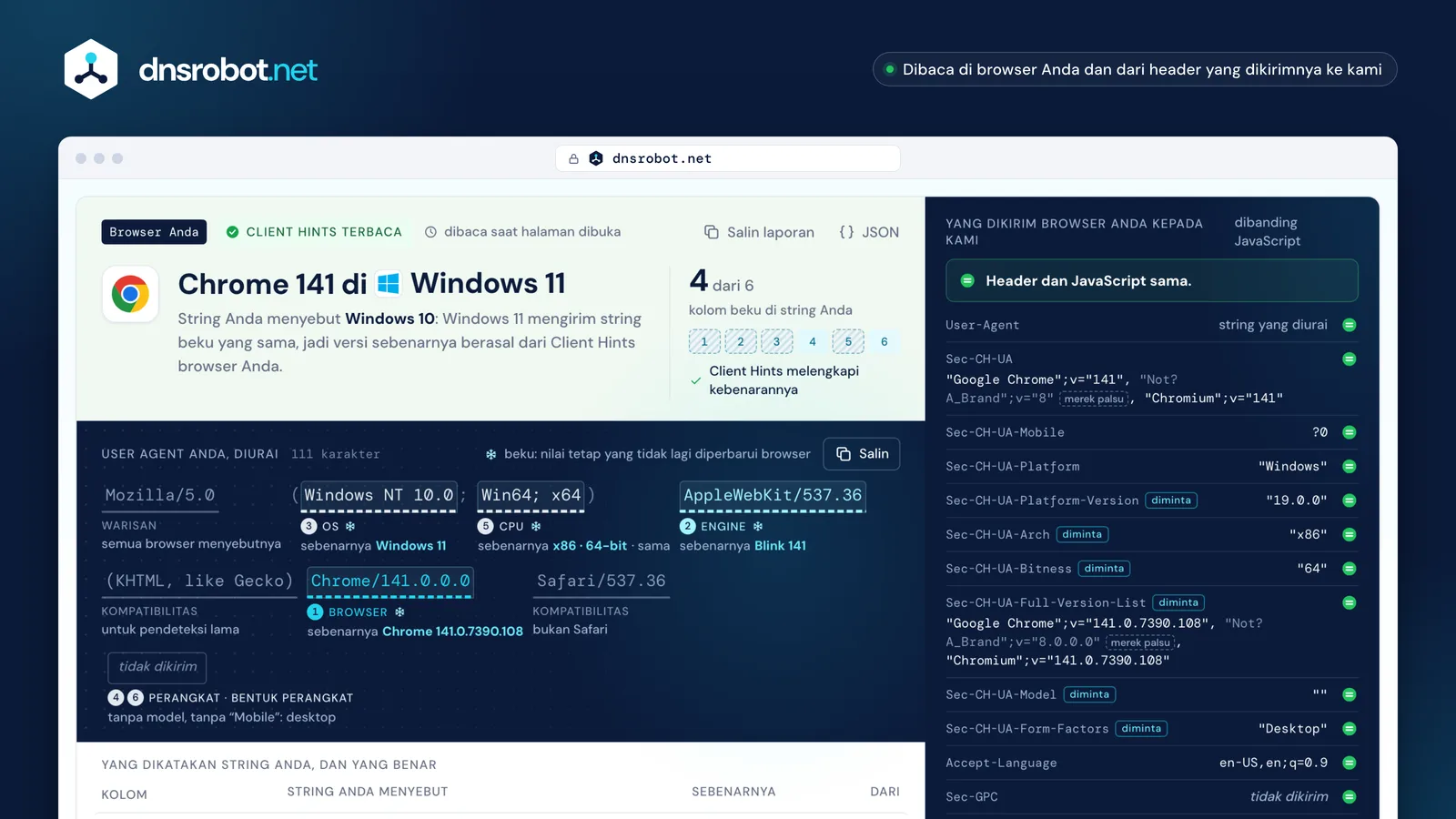 Cek user agent saya: string user agent Chrome diurai, token beku ditandai, versi asli Windows 11 di sampingnya
