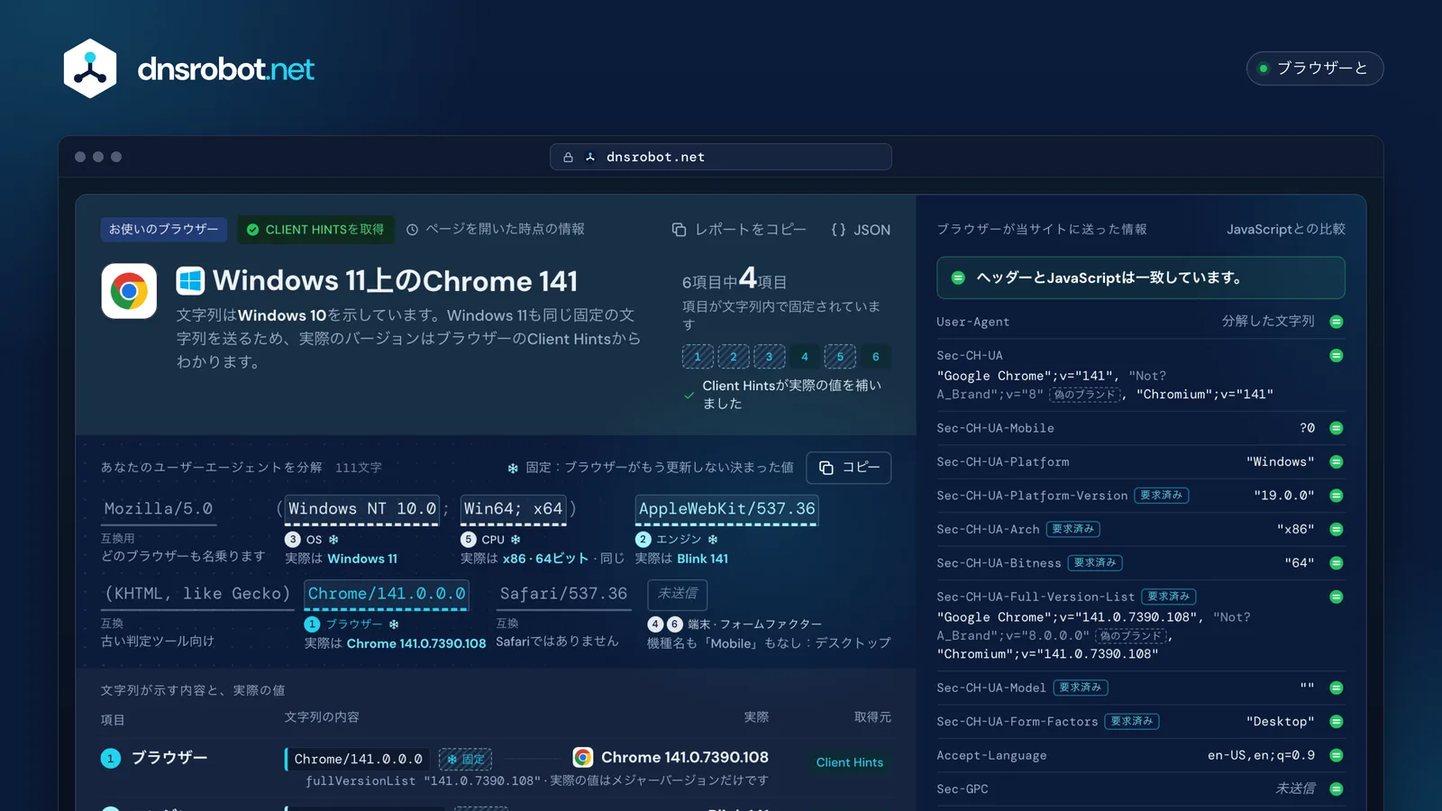 ユーザーエージェント確認の結果画面：Chromeのユーザーエージェント文字列を分解し、固定された部分に印を付け、横に実際のWindows 11のバージョンを表示
