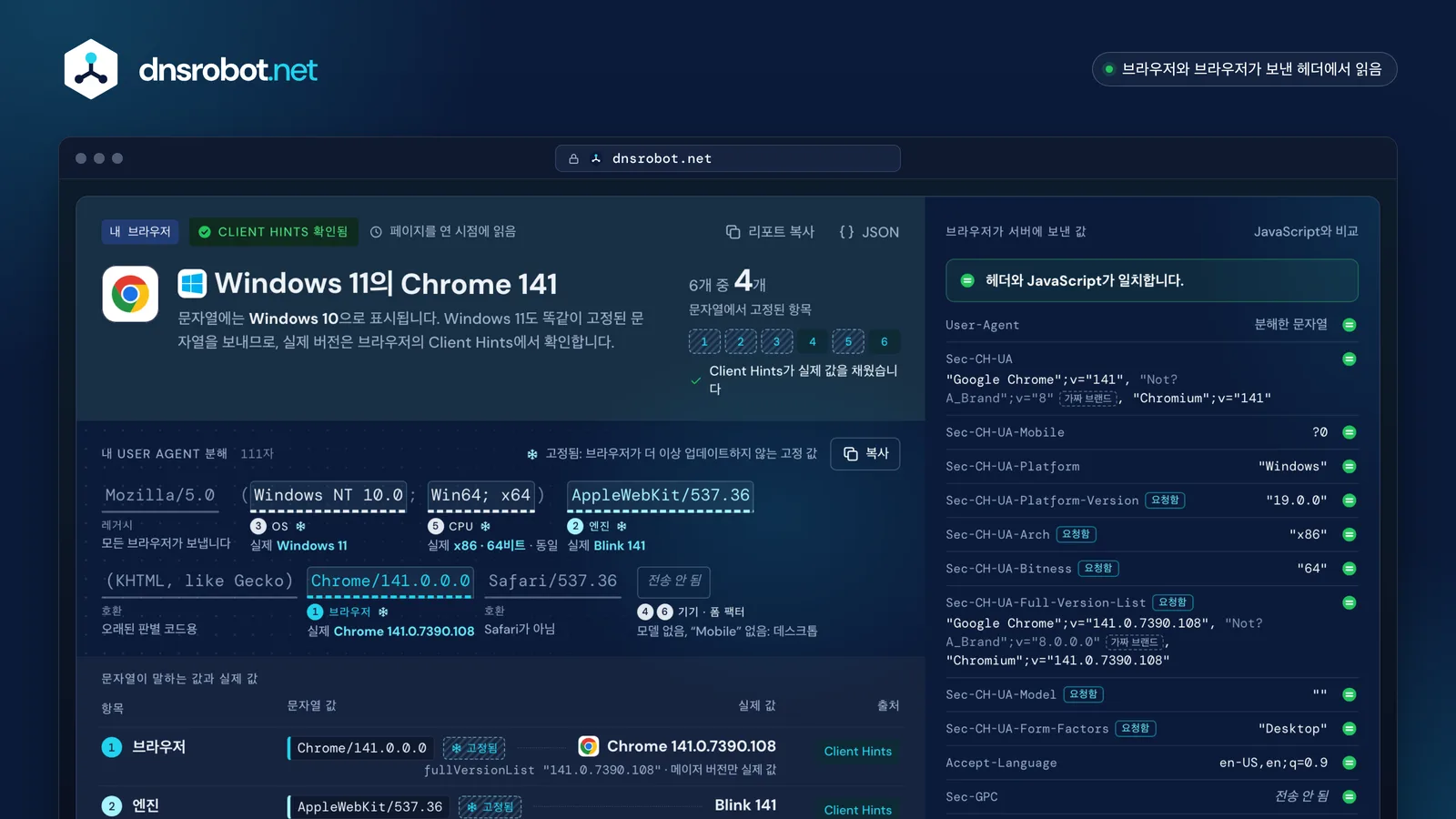 내 User Agent 확인 화면: Chrome User Agent 문자열을 분해하고 고정된 토큰과 실제 Windows 11 버전을 나란히 표시